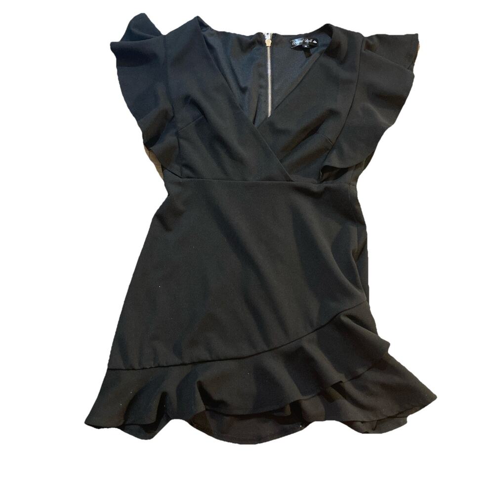 Black Crystal Doll A Line Cross V Neck Dress With Ruffle Sleeves. Size Medium